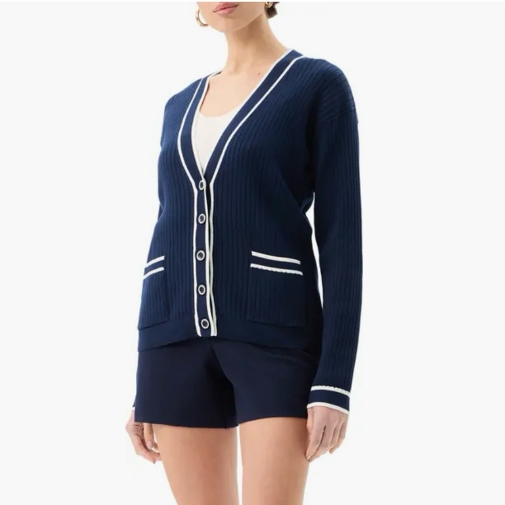Trina Turk Navy and White Knit “Henin” Classic Preppy Sweater Cardigan XS
